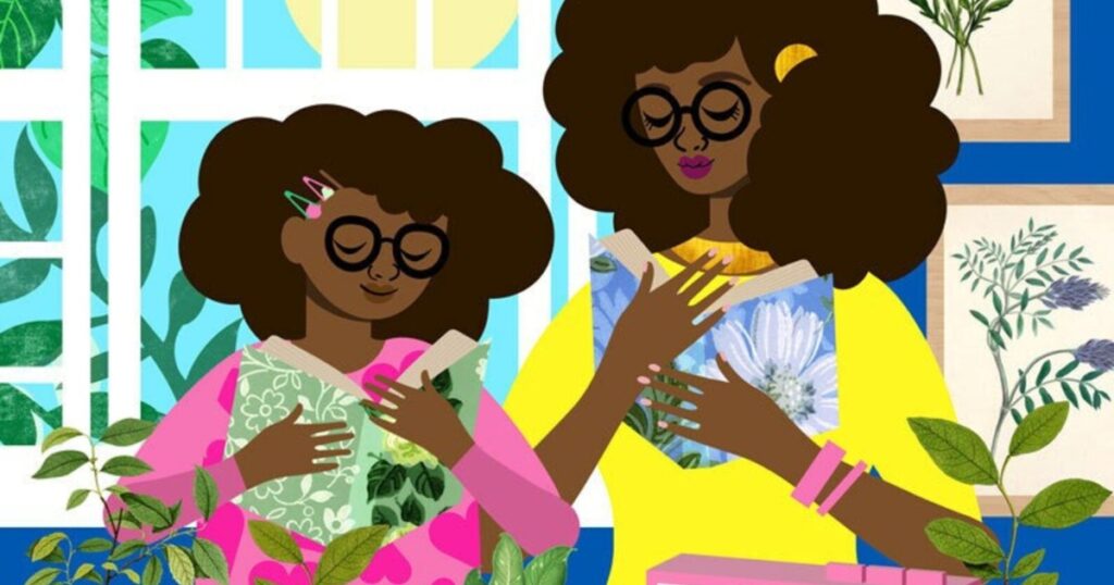 Mother and daughter reading, a print designed by Tabitha Bianca Brown